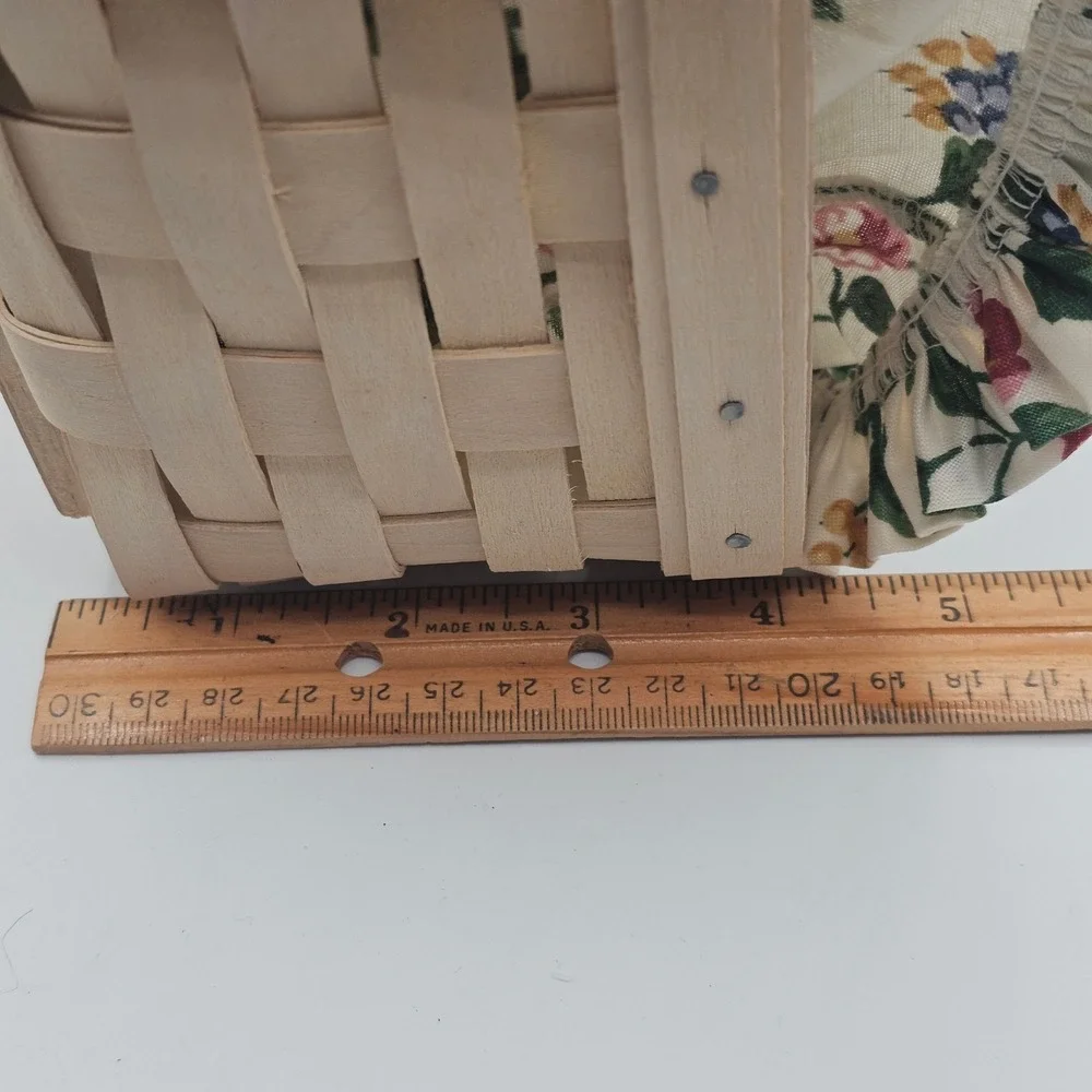 Longaberger Handmade Basket Small Square Light Wood Floral Cotton Liner Vtg 2004